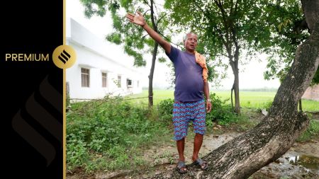 Rudra Pratap Singh standing on on the same mango tree, at the incident spot. Rudra was 10 years old at the time.(Express Photo by Vishal Srivastav)