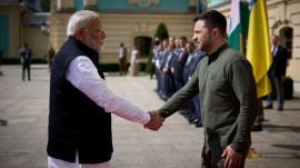 Ukraine's President Volodymyr Zelenskiy welcomes India's Prime Minister Narendra Modi, amid Russia's attack on Ukraine, in Kyiv, Ukraine