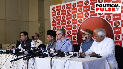 Members of the National Conference, including former CM Omar Abdullah, at a press conference to announce the party's manifesto for the upcoming elections. (Photo: National Conference/ X)