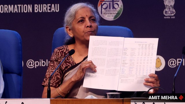 Union Finance Minister Nirmala Sitharaman addressing a post-Budget press conference. (Express file photo by Amit Mehra)