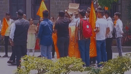 Videos of protestors carrying saffron flags raising slogans outside the main building of the college have been doing the rounds on social media.