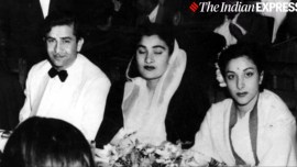 Raj Kapoor (left) with wife Krishna Raj Kapoor (middle) and Nargis (right)
