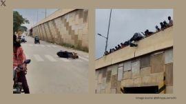 The viral video shows a group of people throwing two scooters off the flyover (Image source: @ShreyasJourno/X)