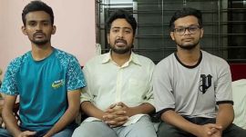 Asif Mahmud, Nahid Islam (centre), and Abu Bakar Majumder, student leaders who spearheaded a movement against job quotas that turned into a call for Prime Minister Sheikh Hasina to resign, issue a statement in Dhaka, Bangladesh, in this screengrab from a social media video released on August 6. (Reuters)