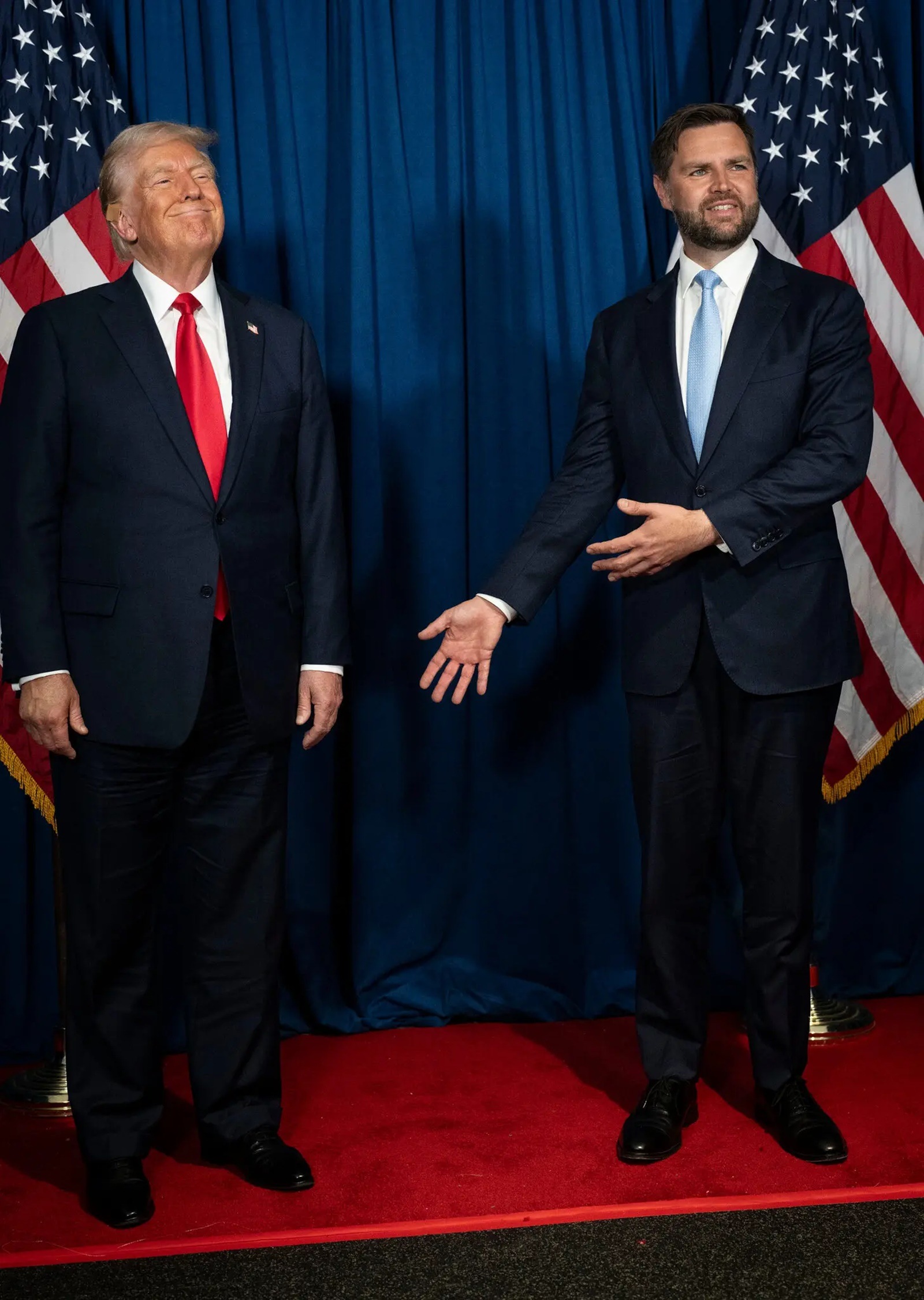 FILE — Former President Donald Trump and his running mate, Sen. JD Vance (R-Ohio), at a joint campaign rally at the Van Andel Arena in Grand Rapids, Mich., July 20, 2024. After choosing Vance as his running mate, Trump repeatedly praised the senator’s looks. (Doug Mills/The New York Times)