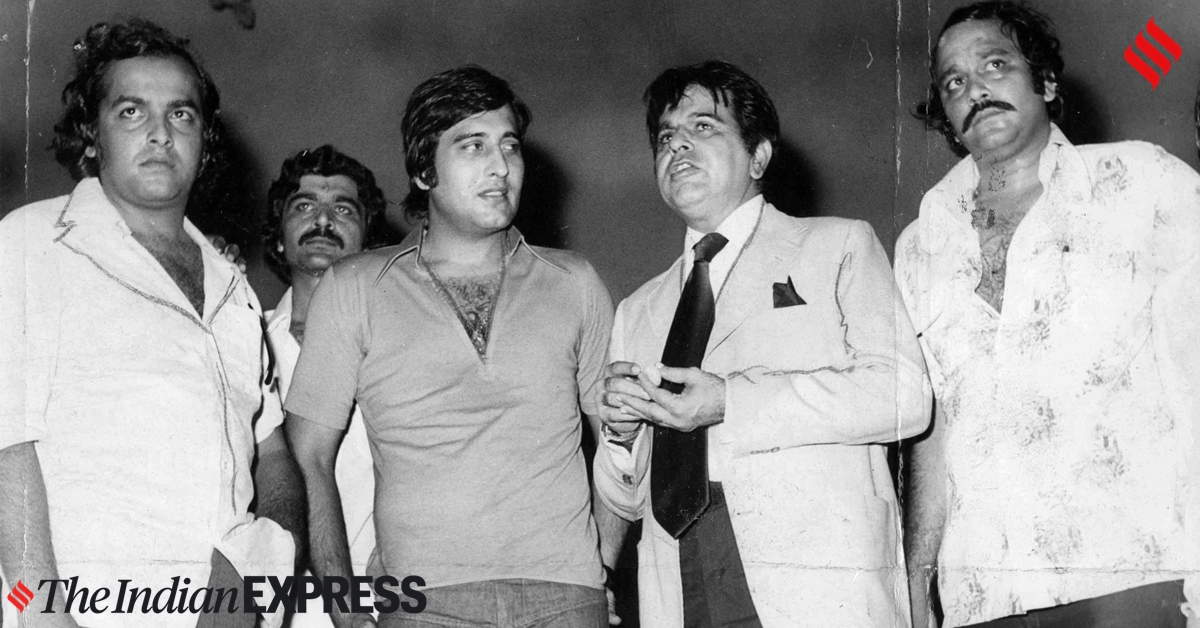 Film director Mahesh Bhatt with producer Avinash Kapoor and actors Vinod Khanna and Dilip Kumar at the muhurat of film Baadshah.