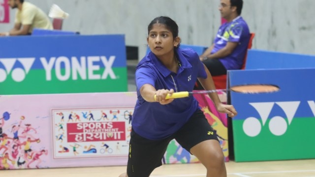 Anushka Juyal in action during the 31st Smt Krishna Khaitan Memorial All India Junior Ranking Badminton Tournament played at the Tau Devi Lal Sports Complex in Panchkula on Saturday. Express Photo by Kamleshwar Singh