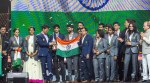 The Indian contingent are handed the Nona Gaprindashvili Cup at the end of the Chess Olympiad in Chennai in 2022. (PHOTO: FIDE via Lennart Ootes)