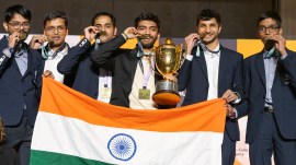 India's men's chess team after winning the 2024 Chess Olympiad. (Michal Walusza | FIDE)