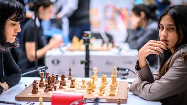 Divya Deshmukh contemplates her next move at the Chess Olympiad. (PHOTO: FIDE/Michal Walusza)