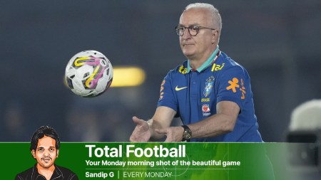 Brazil's coach Dorival Junior catches the ball during a qualifying soccer match against Paraguay for the FIFA World Cup 2026 at the Defensores del Chaco Stadium, in Asuncion, Paraguay,