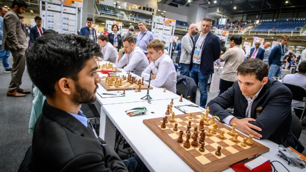 India's Gukesh in action in Round 4 of the FIDE Chess Olympiad 2024 against Serbian GM Alexandr Predke. (PHOTO: FIDE/Anna Shtourman)