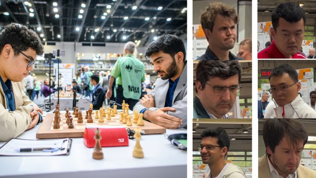 (LEFT) Gukesh plays Azerbaijan's Aydin Suleymanli at the Chess Olympiad; (RIGHT) Players like ex-world champions Magnus Carlsen and Vladimir Kramnik, current world champion Ding Liren and other top GMs like Anish Giri, Teimour Radjabov and Yu Yangyi stopped by to check out Gukesh vs Suleymanli. (PHOTOS: FIDE screengrabs, Michal Walusza)