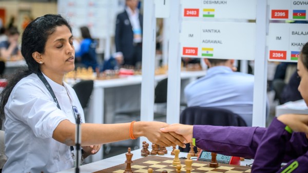 Harika Dronavalli reacts after securing her win in Round 11 of the Chess Olympiad. (PHOTO: FIDE / Michal Walusza)