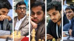 The Indian team in the open section for the Chess Olympiad, Gukesh (extreme right), Praggnanandhaa (2nd from right), Arjun Erigaisi (centre), Vidit Gujrathi (2nd from left) and P Harikrishna. (PHOTOS: FIDE via Michal Walusza, Mark Livshitz)