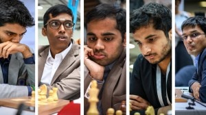 The Indian team in the open section for the Chess Olympiad, Gukesh (extreme right), Praggnanandhaa (2nd from right), Arjun Erigaisi (centre), Vidit Gujrathi (2nd from left) and P Harikrishna. (PHOTOS: FIDE via Michal Walusza, Mark Livshitz)