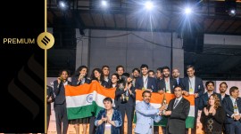 The Indian chess contingent poses with the ‘Hamilton-Russell Cup’ for the open section, the ‘Vera Menchik Cup’ for the women’s section and the ‘Nona Gaprindashvili Trophy’ for the overall title at the Olympiad. (PHOTO: FIDE/ Michal Walusza)