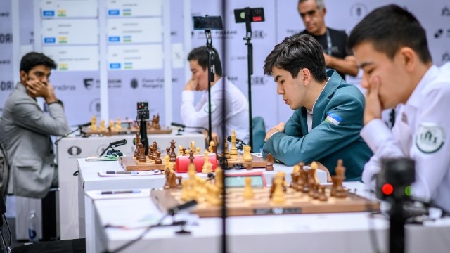 Action form the India vs Uzbekistan game in round 9 of the Chess Olympiad in Budapest on Friday. (PHOTO: FIDE/Michal Walusza)