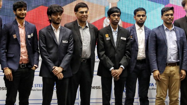 Chess Olympiad 2024: Vidit Gujrathi, Gukesh, R Praggnanandhaa, Arjun Erigaisi and Pentala Harikrishna are part of Team India at 45th Chess Olympiad in Budapest. They are seen along with Viswanathan Anand at the draw of the Tata Steel Chess India tournament in Kolkata in September 2023. (Express photo by Partha Paul)