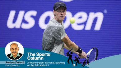 Jannik Sinner, of Italy, returns a shot to Jack Draper, of Great Britain, during the men's singles semifinal of the U.S. Open tennis championships. (AP)