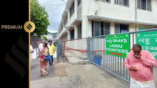 Devotees outside the main laddu prasadam counter. (Express Photo by Rahul V Pisharody)