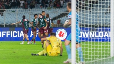 Alberto Rdoriguez Martin of Mohun Bagan Super Giant celebrates after scoring against Mumbai City FC in the Indian Super League (ISL) 2024-25 season held at the Salt Lake Stadium in Kolkata. (PHOTO: Focus Sports/FSDL)