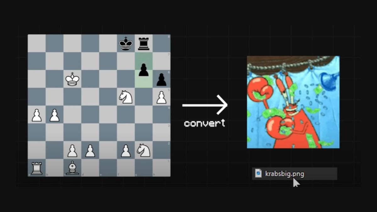 picture showing how to convert chess moves in a game into a picture of mr krabs, and back