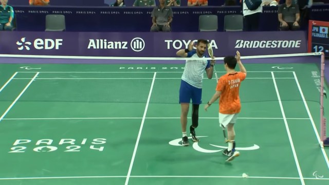 Nitesh Kumar, the highly skilled towering shuttler from Haryana, downed Japan's Fujihara Daisuke 21-16, 21-12 in the semifinals at the Chapelle Arena. (Screengrab via Paralympics)