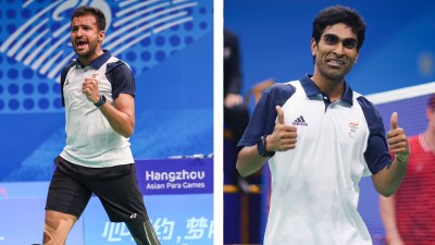 Nitesh Kumar (left) won India's second Paralympics gold medal at Paris 2024 defending the SL3 category gold medal which was won by Pramod Bhagat (right) at Tokyo three years ago. (PHOTOS: Anurag Thakur via X)