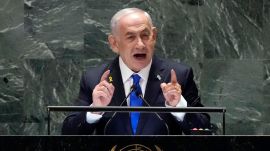 Israel Prime Minister Benjamin Netanyahu addresses the 79th session of the United Nations General Assembly, Friday, Sept. 27, 2024. (AP Photo/Richard Drew)