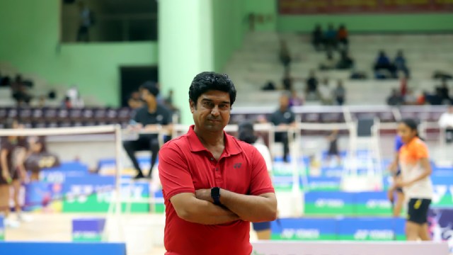 Parijat Natu during the 31st Smt Krishna Khaitan Memorial All India Junior Ranking Badminton Tournament played at Tau Devi Lal Sports Complex in Panchkula on Friday. (Express Photo by Kamleshwar Singh)