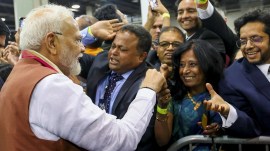 PM Modi at a diaspora event in New York on Sunday. (PTI) India’s aim not to burn like fire, but to light up like the Sun: Modi in NY