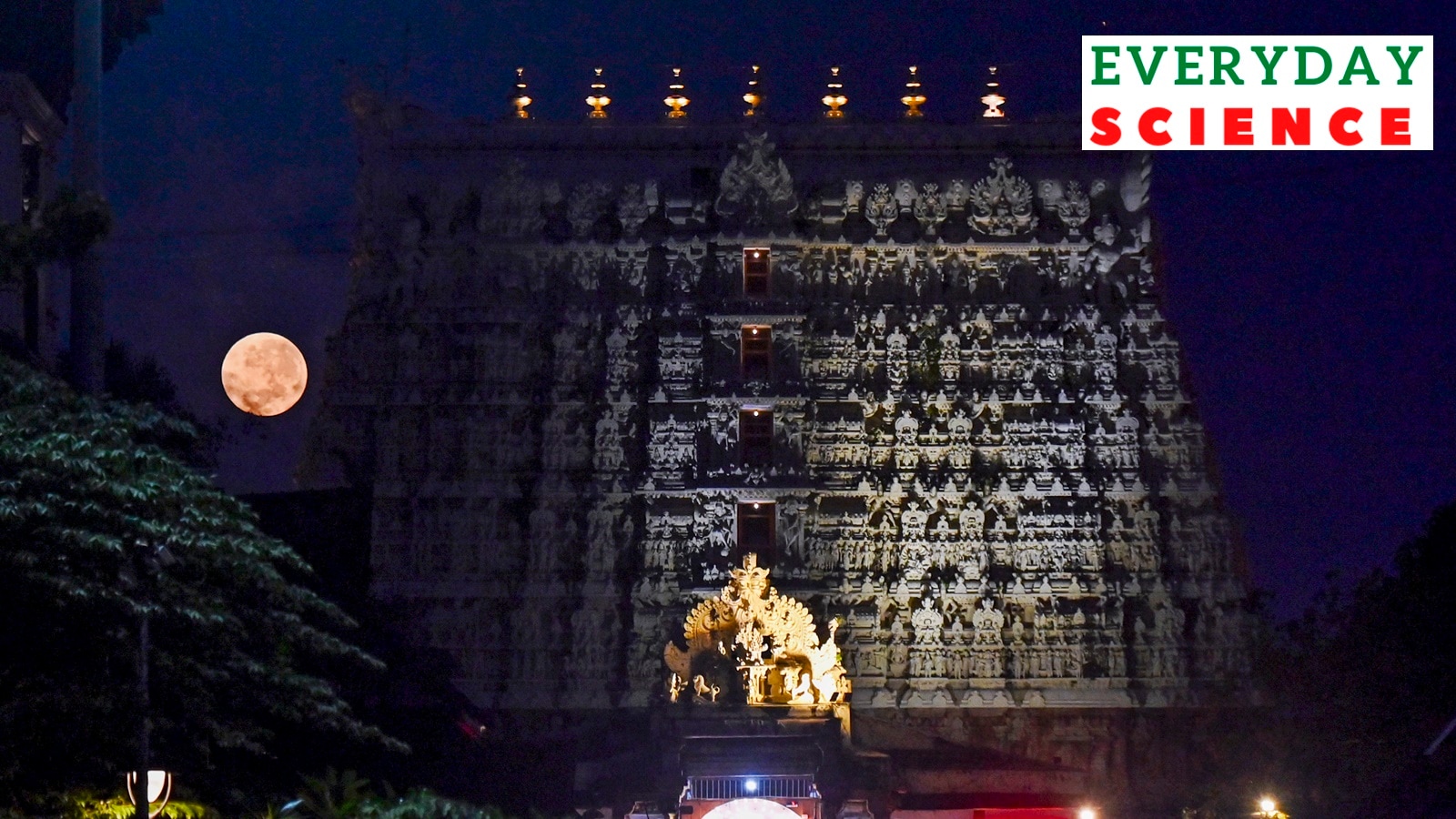 Full moon is seen behind Sree Padmanabhaswamy temple, in Thiruvananthapuram, Wednesday, Sept. 18, 2024.
