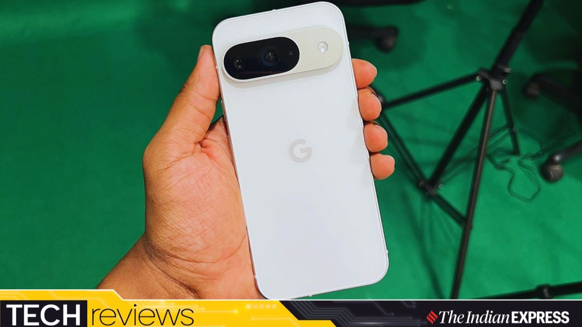 The Pixel 9 has a silky texture on its back. With a combination of its aluminium frame and porcelain colour scheme, Google scores full marks in the looks department. (Image: Bijin Jose/The Indian Express)
