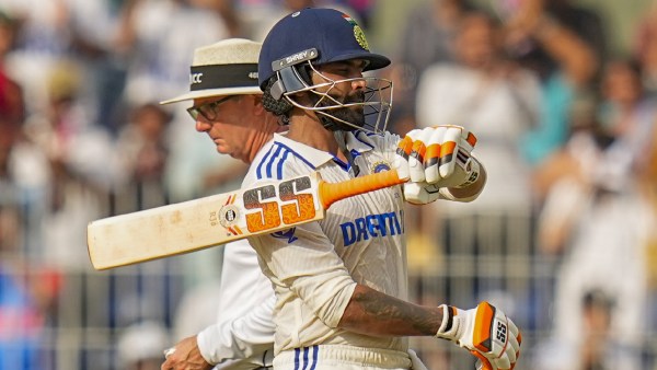 India's Ravindra Jadeja celebrates his half century during the first day of the first test cricket match between India and Bangladesh, at the MA Chidambaram Stadium in Chennai