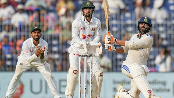 India’s Ravindra Jadeja plays a shot during the first day of the first test cricket match between India and Bangladesh, at the MA Chidambaram Stadium, in Chennai.