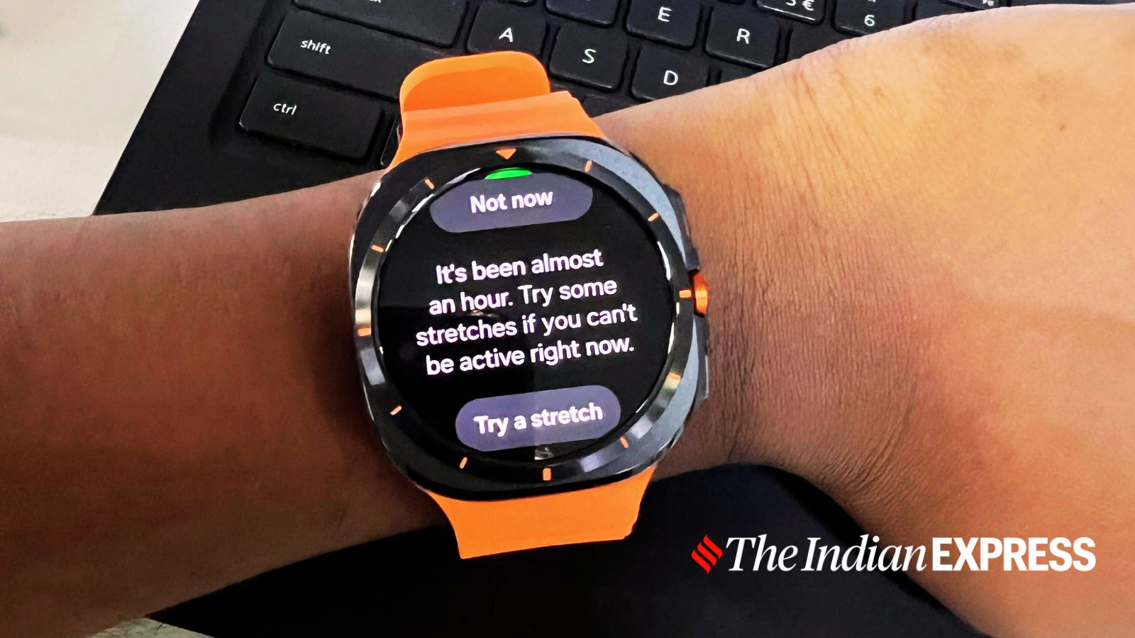 The Samsung Galaxy Watch Ultra nudging me to stand up and stretch after I have been glued to my seat for hours. (Image: Bijin Jose/The Indian Express)