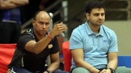 Badminton coach Sankar Annamalai from Malaysia with assistant coach Anand Tiwari. (Express Photo by Kamleshwar Singh)