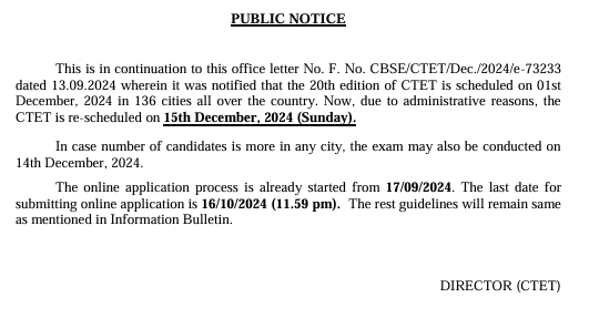 CTET 2024: CBSE revisa data do exame para 15 de dezembro 