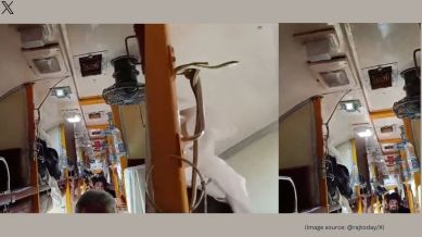 The viral video shows the snake attempting to slither into the AC panel of the train coach (Image source: @rajtoday/X)