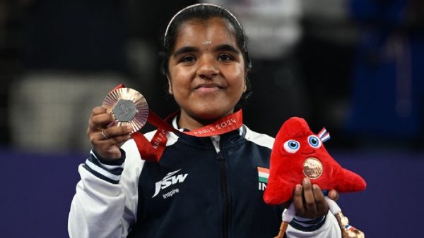 Paris Paralympics: Bronze medallist Nithya Sre Sumathy Sivan of India celebrates on the podium