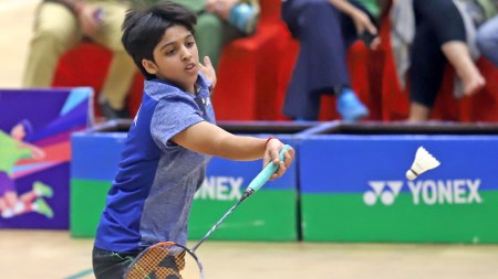 The 16-year-old shuttler announced an imminent breakthrough season by reaching the finals by beating Ukrainian Polina Burhova 21-14, 21-16 late on Saturday night. (Express Photo by Kamleshwar Singh)