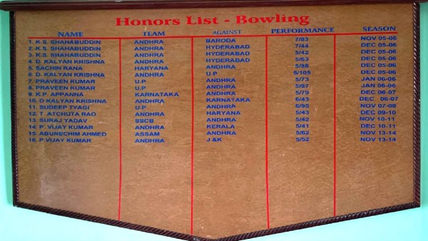 The honours board at the Anantapur Cricket Ground