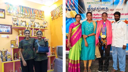 Thulasimathi with family. Sister Kiruttigha, father Murugesan, mother Viji.