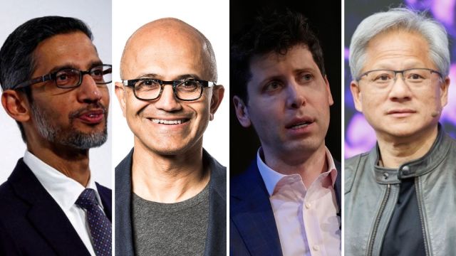 Tech leaders like Sundar Pichai, Satya Nadella, Sam Altman, and Jensen Huang are leading the AI revolution with their unique approaches. (Express Image)
