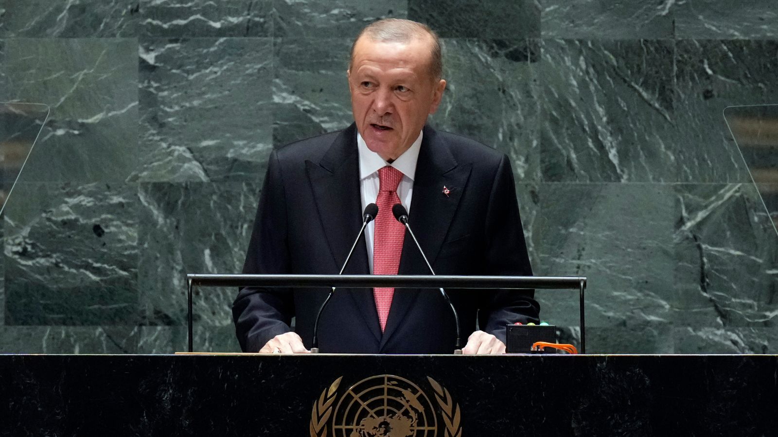 Turkey's President Recep Tayyip Erdogan addresses the 79th session of the United Nations General Assembly, Tuesday, Sept. 24, 2024. (AP Photo/Richard Drew) Turkey