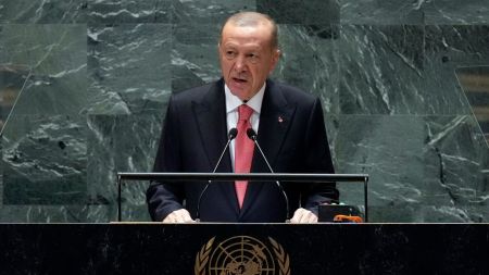 Turkey's President Recep Tayyip Erdogan addresses the 79th session of the United Nations General Assembly, Tuesday, Sept. 24, 2024. (AP Photo/Richard Drew) Turkey