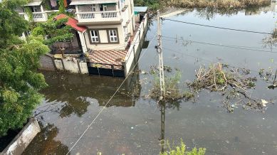 A waterlogged area in Bhatiya Society in Mandvi town on Monday. Express photo waterlogging