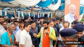 Haryana Chief Minister Nayab Singh Saini during his poll campaign in Ladwa. photo by Jasbir Malhi