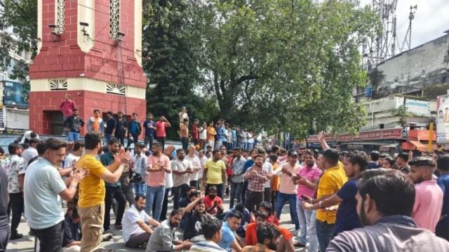 Protests astatine  Dehradun's Ghantaghar implicit    the communal clash astatine  the railway station. (Express)